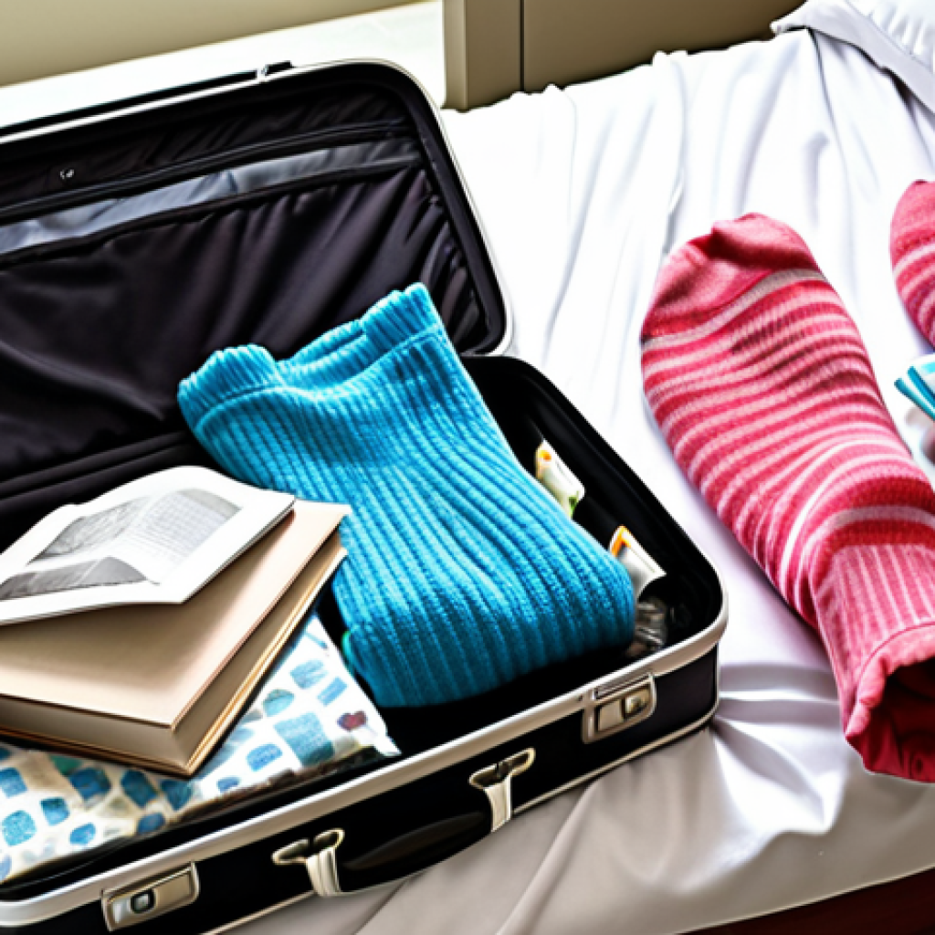 A hospital patient packing a suitcase with comfort items: a soft pajama, warm socks, a favorite book, and a tablet. The scene should evoke a sense of preparing for a long stay and bringing familiar comforts to an unfamiliar environment.
