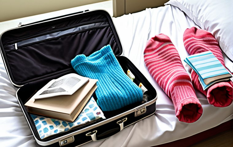 A hospital patient packing a suitcase with comfort items: a soft pajama, warm socks, a favorite book, and a tablet. The scene should evoke a sense of preparing for a long stay and bringing familiar comforts to an unfamiliar environment.